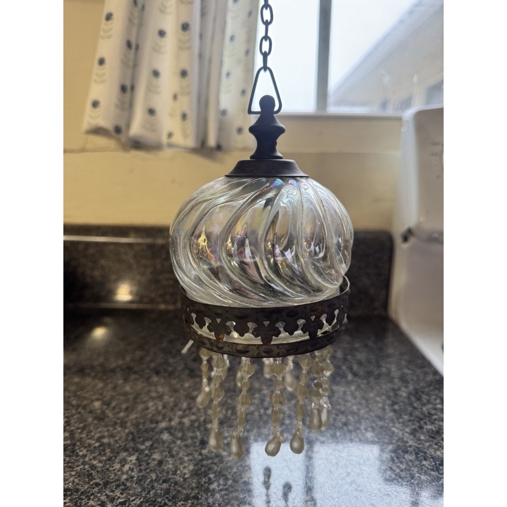 Vintage Victorian Hanging‎ Swag Lamp Iridescent Swirl Glass